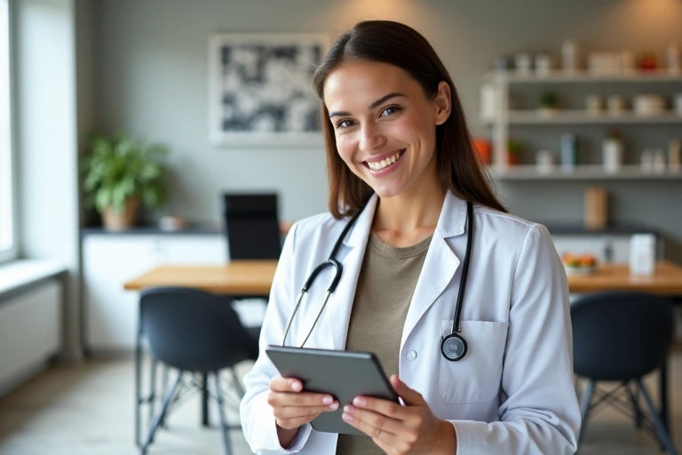A friendly nutritionist ready to answer questions, holding a tablet.