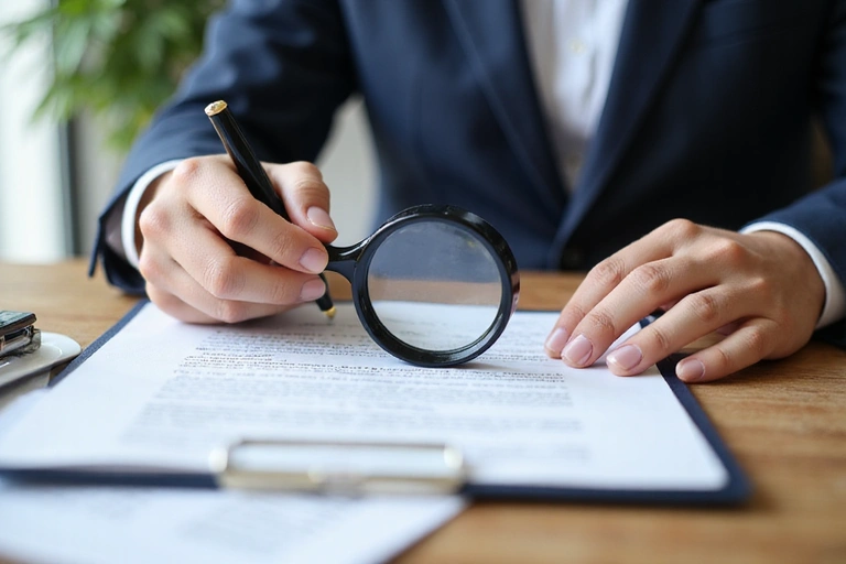 A person reading a legal document with a magnifying glass, symbolizing careful review of terms.